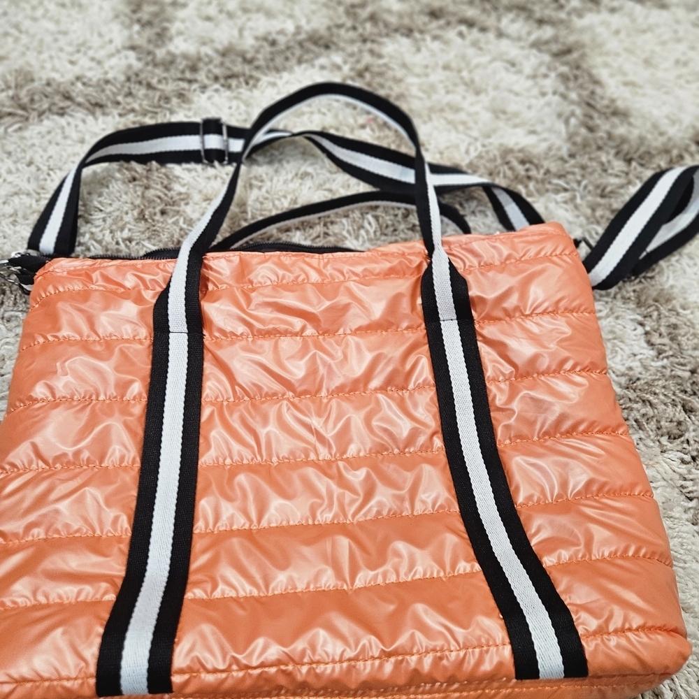 Boutique 9 Quilted Coral Orange Tote with Striped Handles